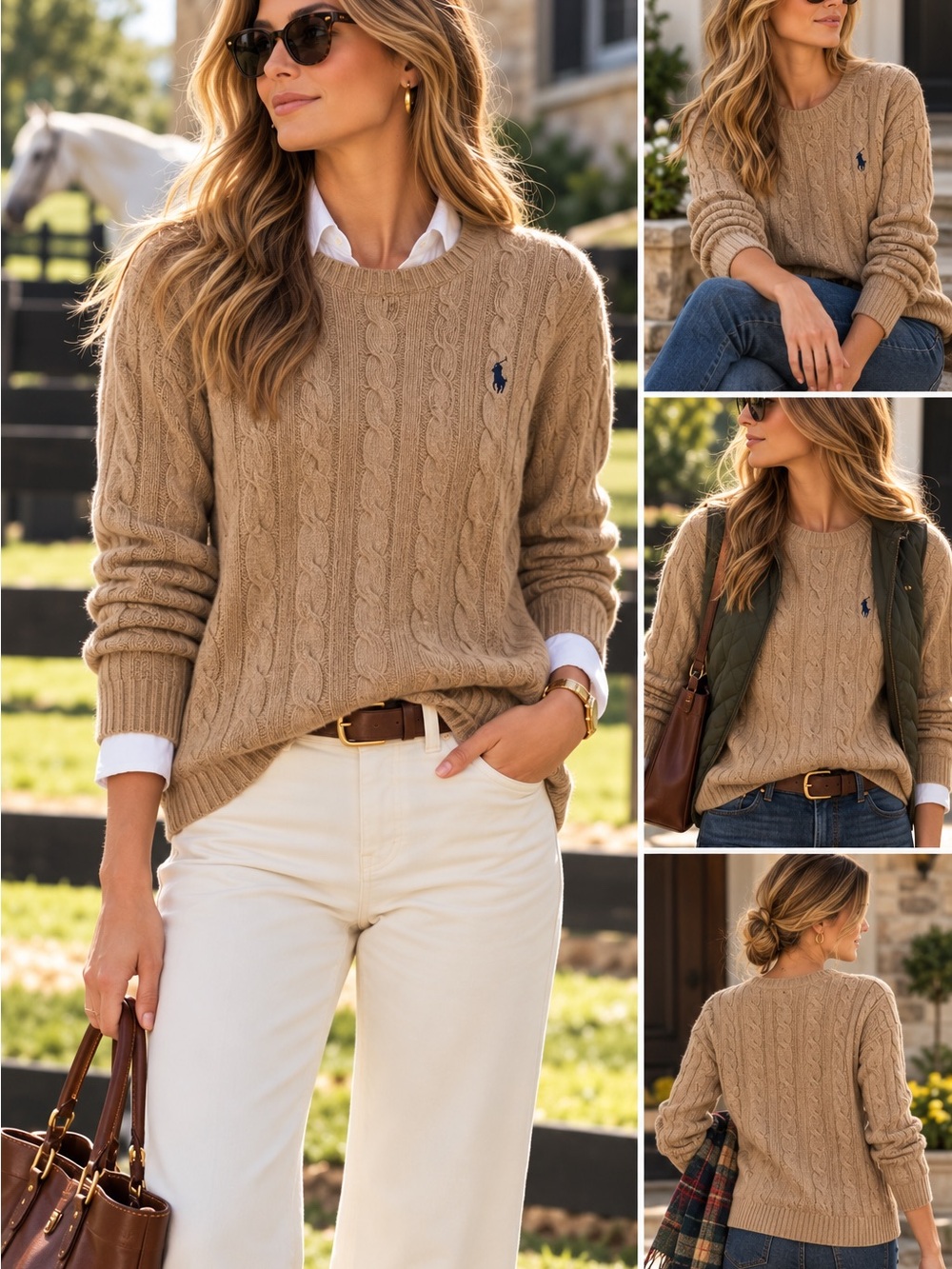 Polo by Ralph Lauren Preppy Old Money Camel Cable-Knit Sweater Wool/Cashmere L